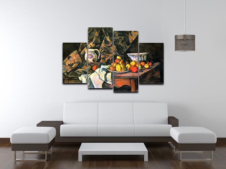 A vibrant 4-split canvas artwork featuring Cezanne's still life with apples and peaches, showcasing rich colors and textures.
